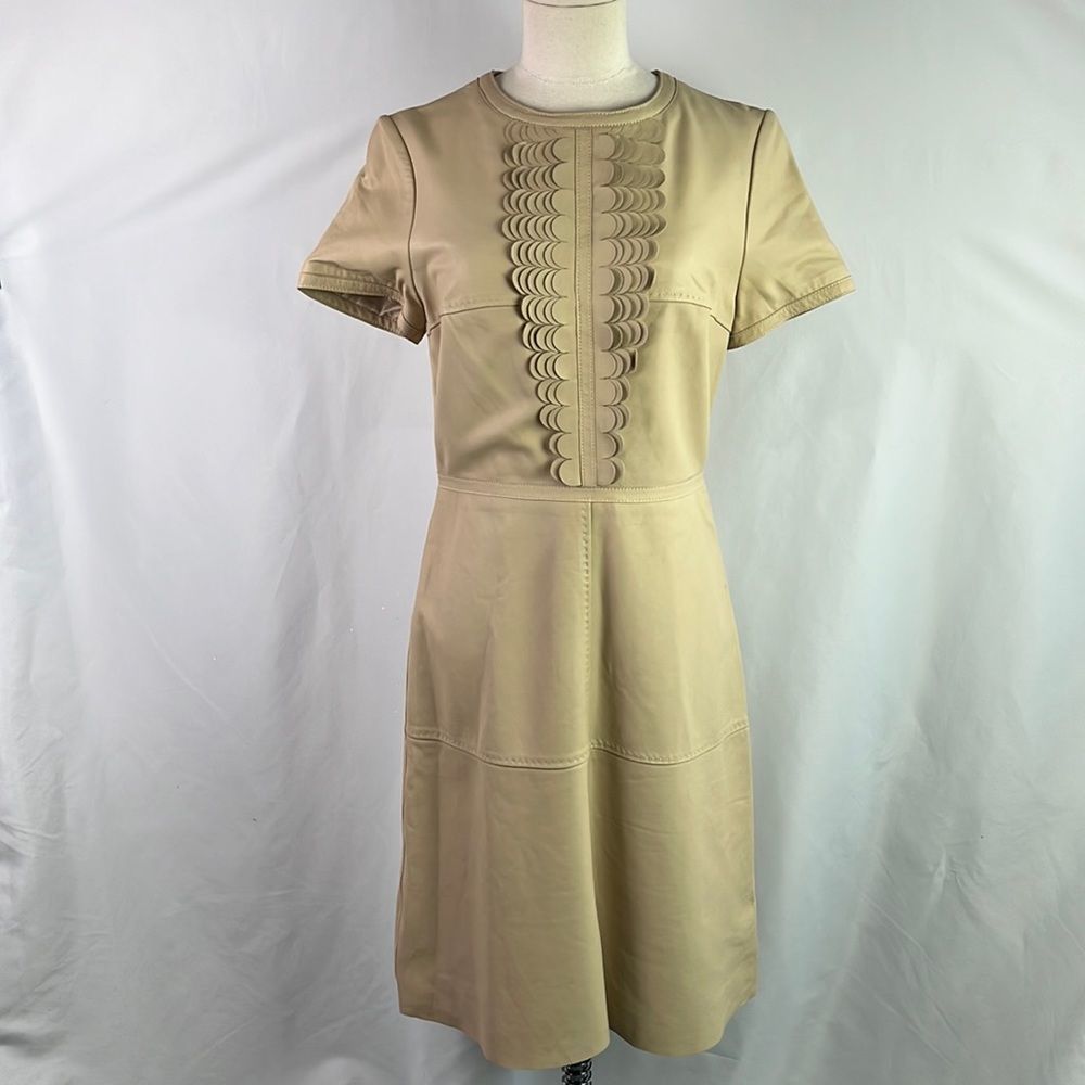 Leon Max Tan Ruffle Front Lamb Leather Midi Dress